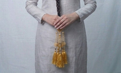 Premium Royal Golden Pearl & Beaded Paranda – Handcrafted Ethnic Hair Accessory with Silk Tassels