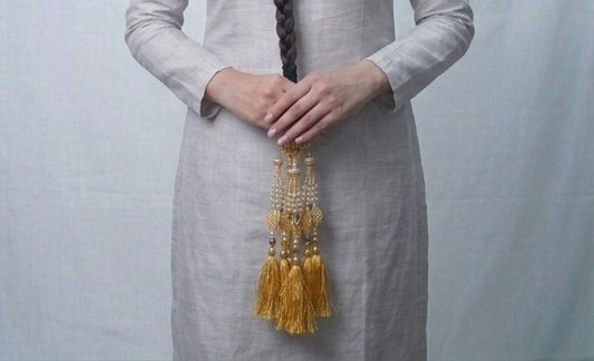 Premium Royal Golden Pearl & Beaded Paranda – Handcrafted Ethnic Hair Accessory with Silk Tassels