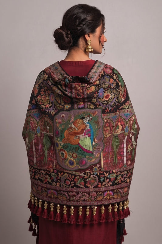 Maroon Kashmiri Silk Shawl – Artisan Figural Motif & Crimson Pearl Fringe