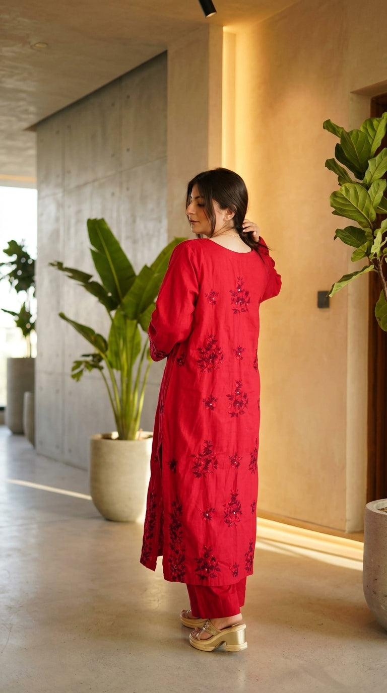 Crimson Red Cotton Linen Long Kurti with Monochromatic Floral Embroidery