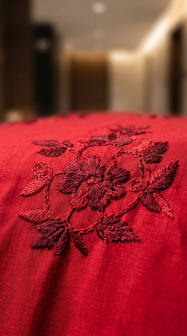 Crimson Red Cotton Linen Long Kurti with Monochromatic Floral Embroidery