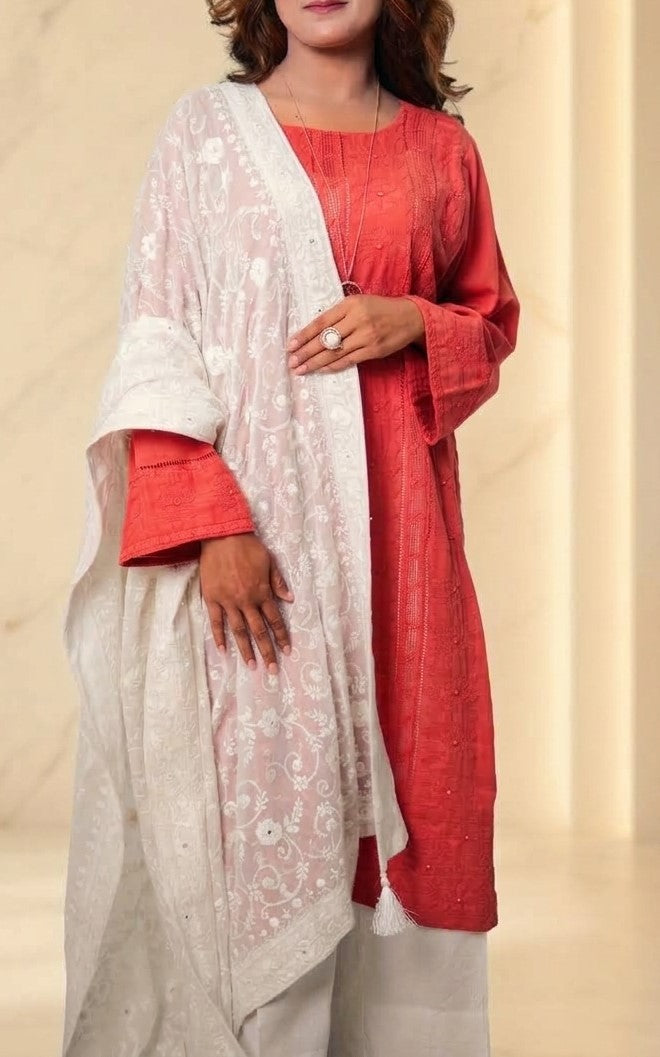 Terracotta Coral Self-Textured Kurti with Off-White Kashmiri Embroidered Dupatta