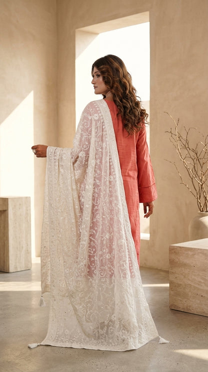 Terracotta Coral Self-Textured Kurti with Off-White Kashmiri Embroidered Dupatta