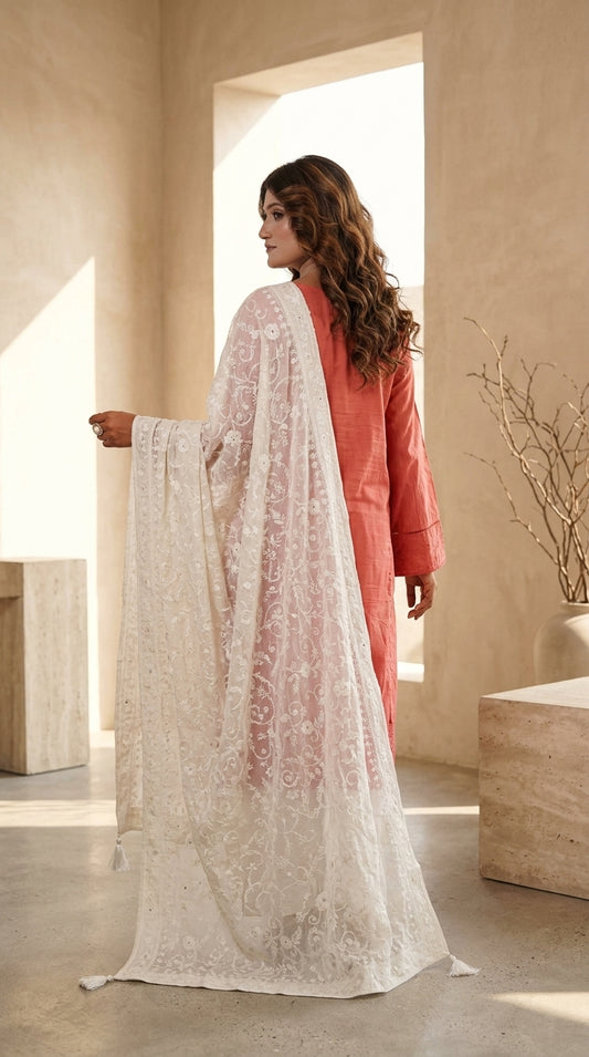 Terracotta Coral Self-Textured Kurti with Off-White Kashmiri Embroidered Dupatta