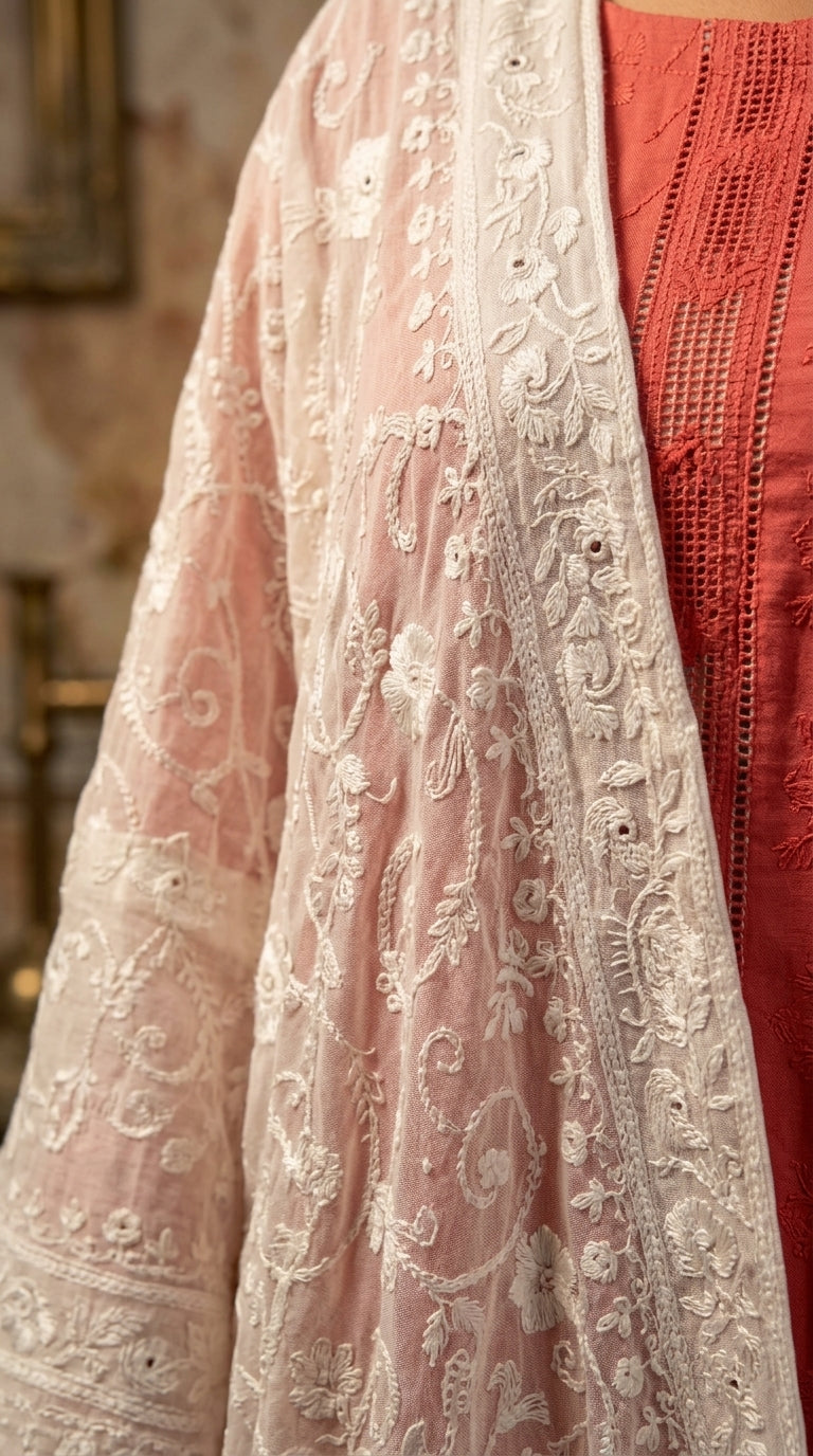 Terracotta Coral Self-Textured Kurti with Off-White Kashmiri Embroidered Dupatta