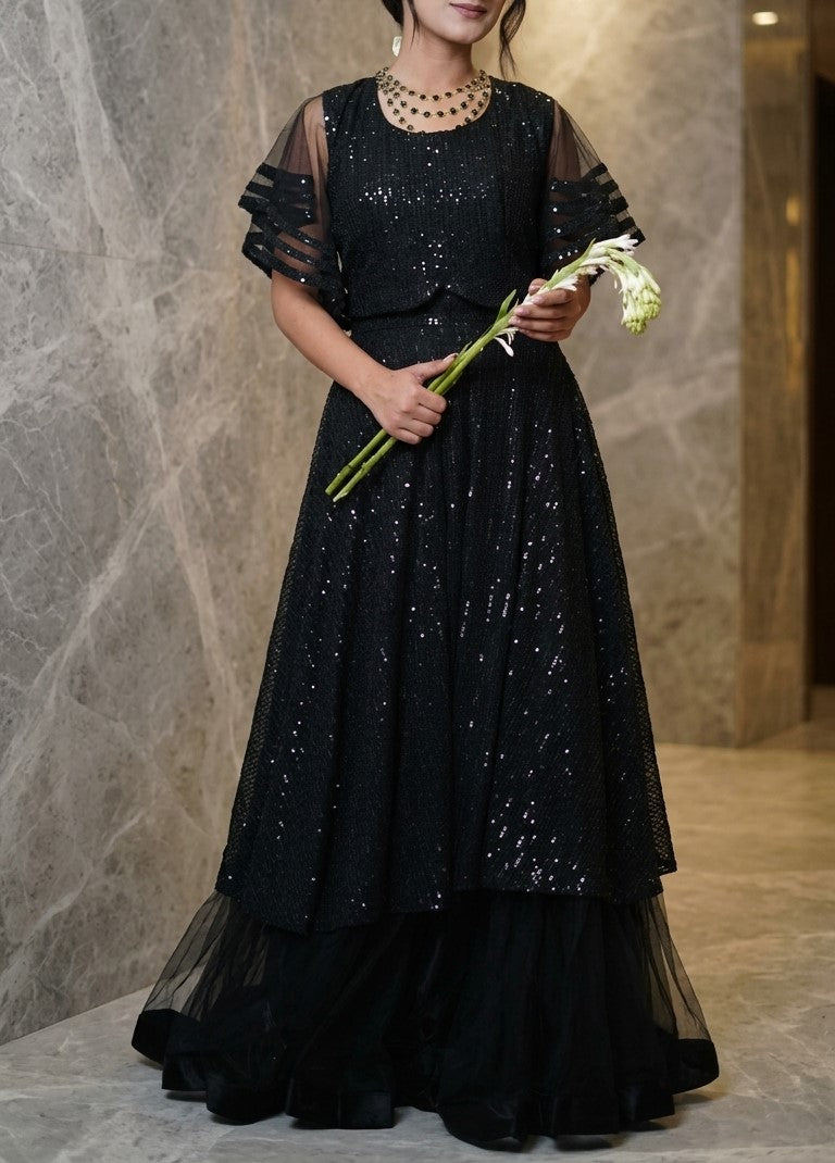 Jet Black Sequin Embroidered Maxi Gown with Tiered Sheer Sleeves & Tulle Flare