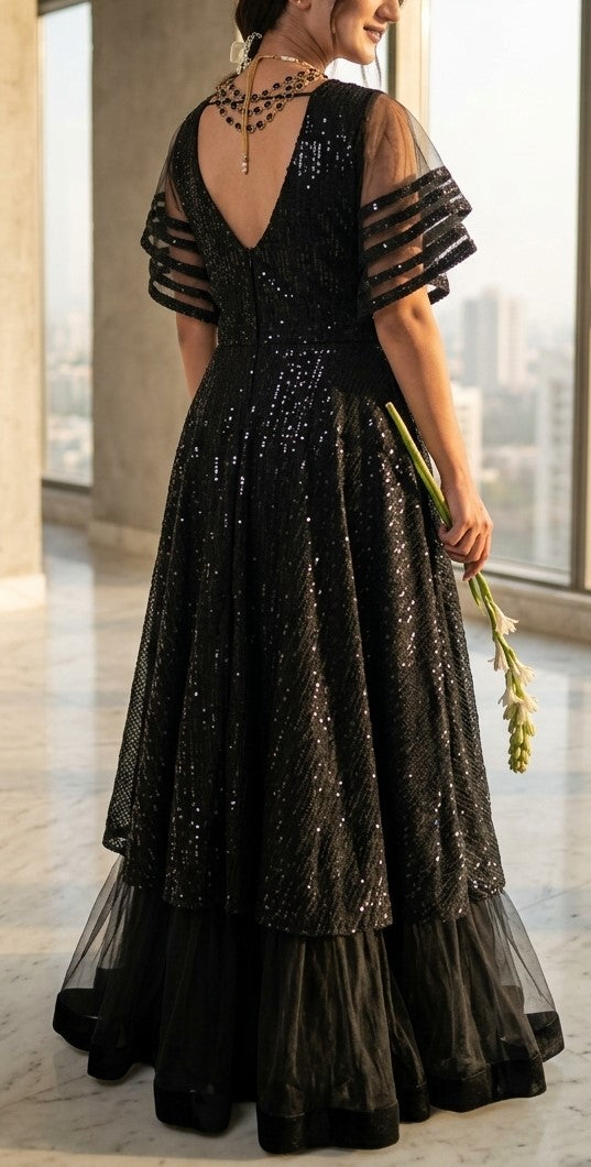 Jet Black Sequin Embroidered Maxi Gown with Tiered Sheer Sleeves & Tulle Flare