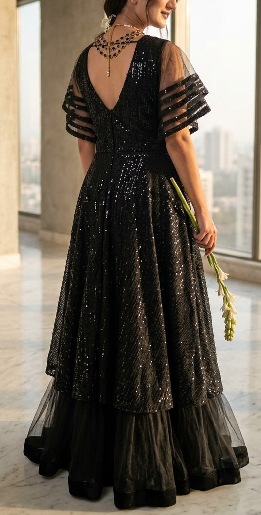 Jet Black Sequin Embroidered Maxi Gown with Tiered Sheer Sleeves & Tulle Flare
