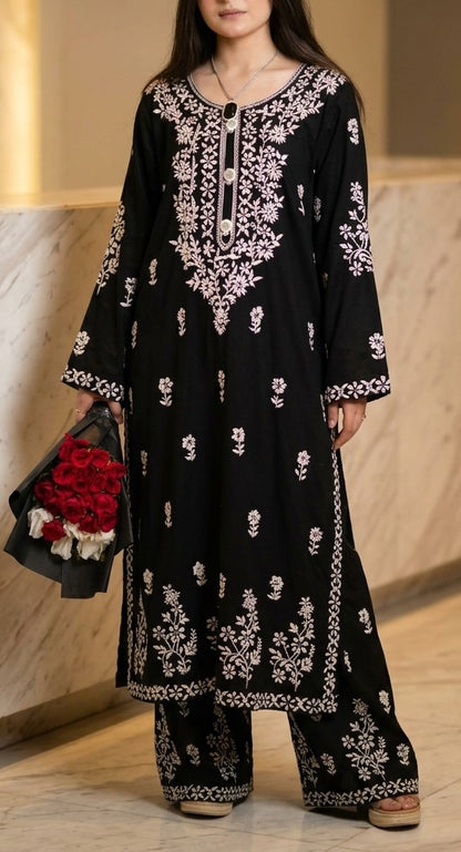 Jet Black Lawn Kurti Set with Off-White Kashmiri Floral Embroidery