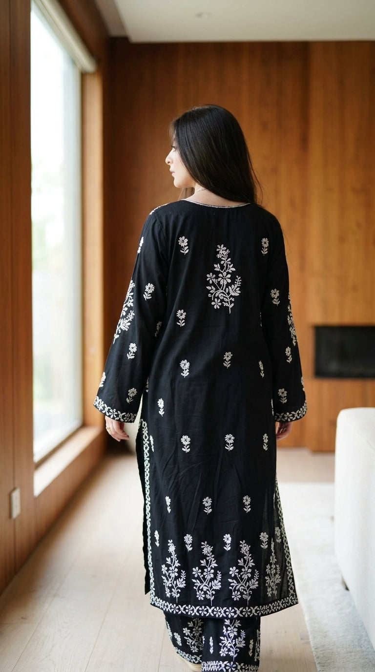Jet Black Lawn Kurti Set with Off-White Kashmiri Floral Embroidery