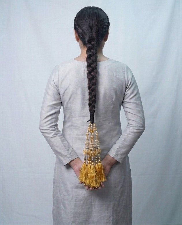 Premium Royal Golden Pearl & Beaded Paranda – Handcrafted Ethnic Hair Accessory with Silk Tassels