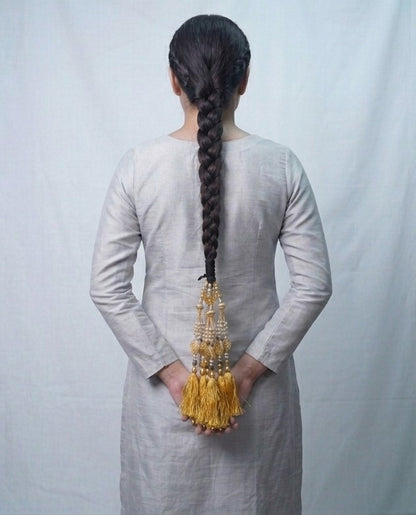 Premium Royal Golden Pearl & Beaded Paranda – Handcrafted Ethnic Hair Accessory with Silk Tassels