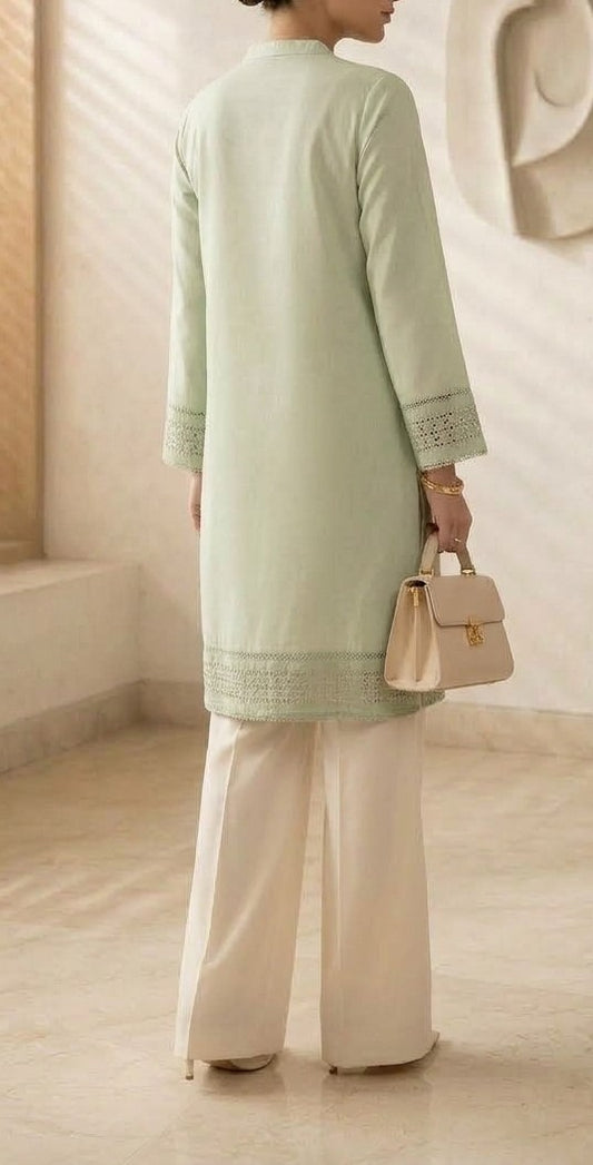 Sage Mint Green Lawn Kurti Set with Schiffli Cutwork & Pearl Button Placket