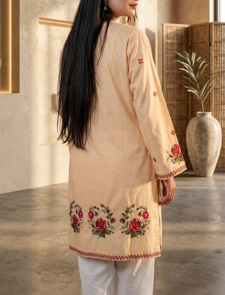 Soft Peach Lawn Cotton Kurti with Cross-Stitch Floral Rose Embroidery