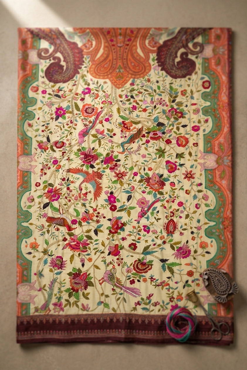 Handwoven Kashmiri Cream Pashmina Shawl – Garden of Paradise Bird & Floral Embroidery
