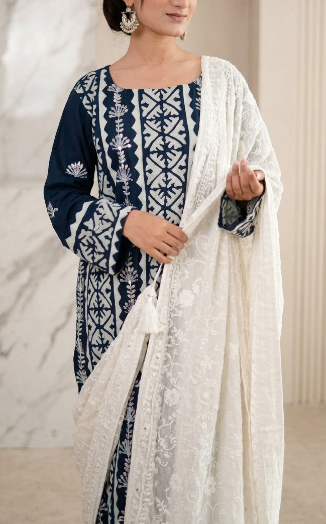 Midnight Navy Blue Geometric Embroidered Kurti Set with Off-White Chikankari Dupatta