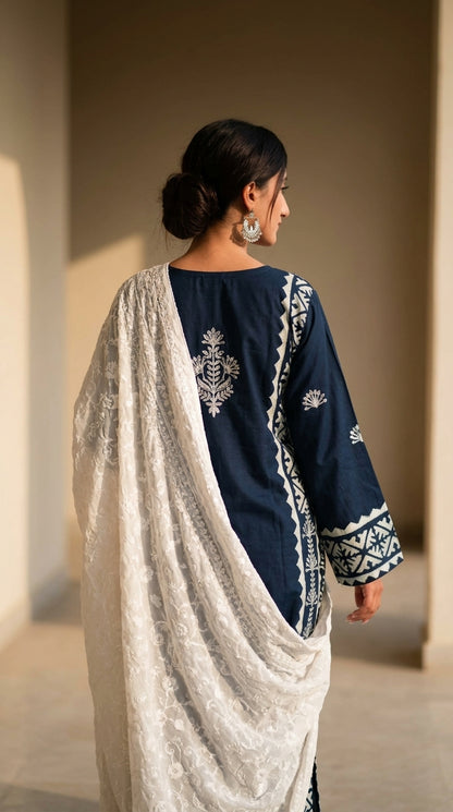 Midnight Navy Blue Geometric Embroidered Kurti Set with Off-White Chikankari Dupatta