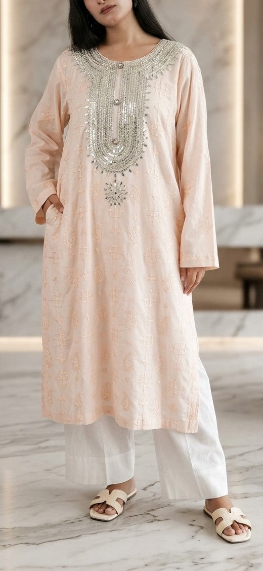 Soft Peach Chikankari Lawn Kurti with Silver Zari & Sequin Embellished Yoke