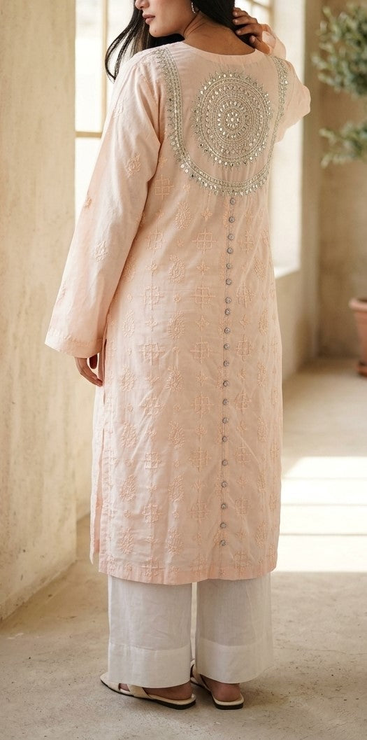 Soft Peach Chikankari Lawn Kurti with Silver Zari & Sequin Embellished Yoke