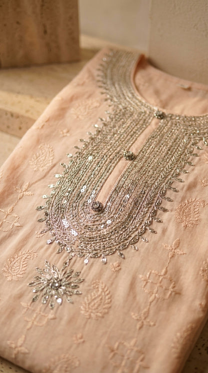 Soft Peach Chikankari Lawn Kurti with Silver Zari & Sequin Embellished Yoke