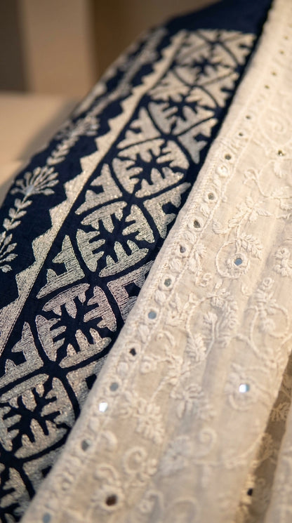 Midnight Navy Blue Geometric Embroidered Kurti Set with Off-White Chikankari Dupatta