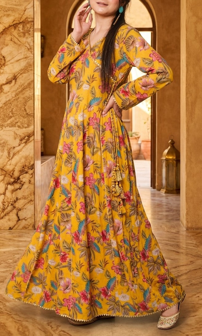 Mustard Yellow Floral Printed Cotton Angrakha Anarkali Gown with Tassels
