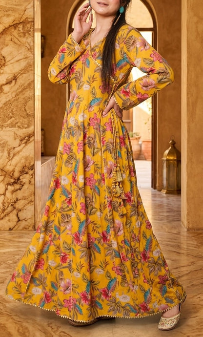 Mustard Yellow Floral Printed Cotton Angrakha Anarkali Gown with Tassels