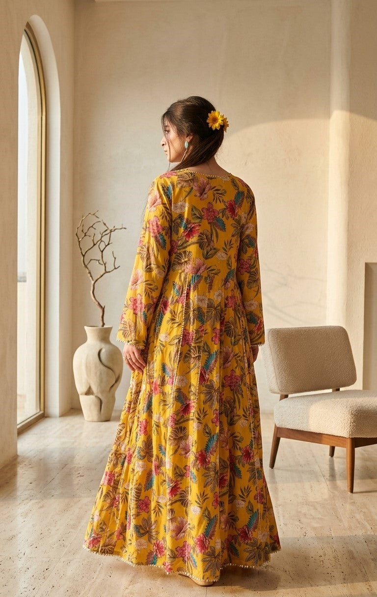 Mustard Yellow Floral Printed Cotton Angrakha Anarkali Gown with Tassels