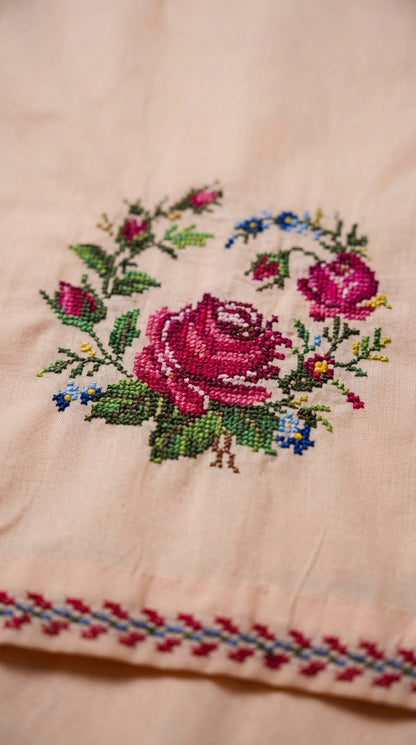 Soft Peach Lawn Cotton Kurti with Cross-Stitch Floral Rose Embroidery