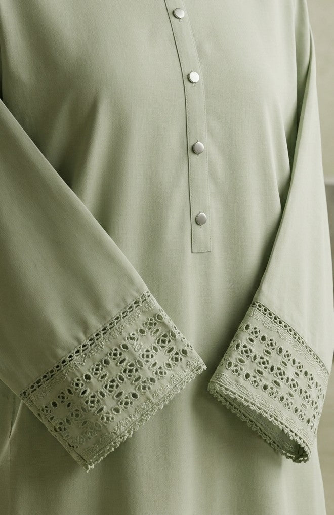 Sage Mint Green Lawn Kurti Set with Schiffli Cutwork & Pearl Button Placket