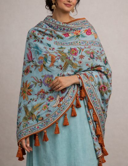Sky Blue Kashmiri Shawl – Multi-Color Floral Tapestry & Beaded Tassel Fringe