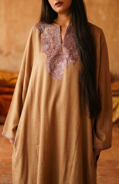 Camel Beige Linen Kurti with Lilac & Lavender Kashmiri Paisley Embroidery