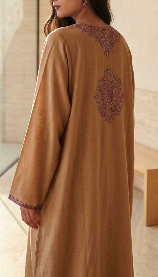 Camel Beige Linen Kurti with Lilac & Lavender Kashmiri Paisley Embroidery
