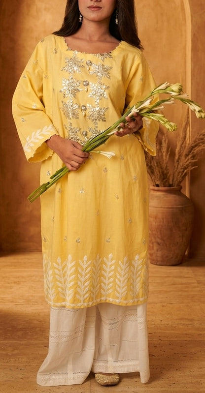 Soft Lemon Yellow Lawn Kurti Set with Silver Sequin Work & White Embroidered Border