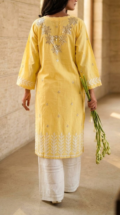 Soft Lemon Yellow Lawn Kurti Set with Silver Sequin Work & White Embroidered Border