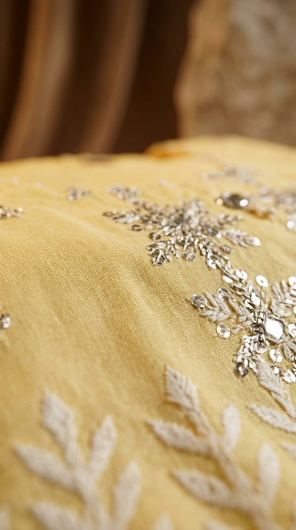 Soft Lemon Yellow Lawn Kurti Set with Silver Sequin Work & White Embroidered Border