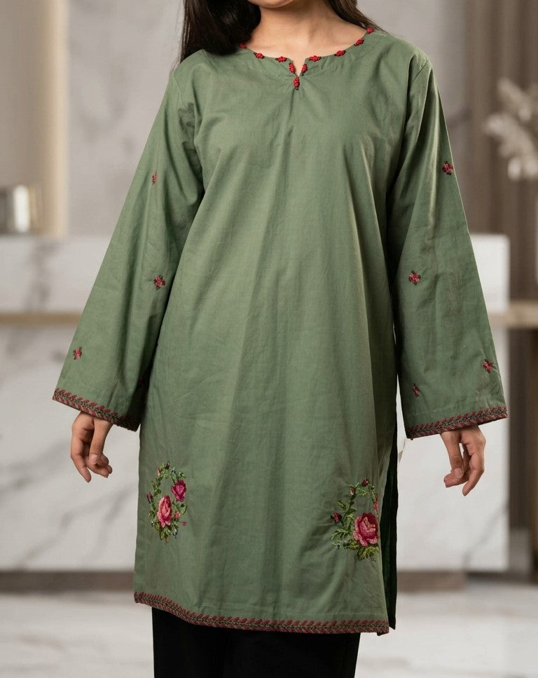 Olive Green Lawn Cotton Kurti with Pink Cross-Stitch Floral Rose Embroidery