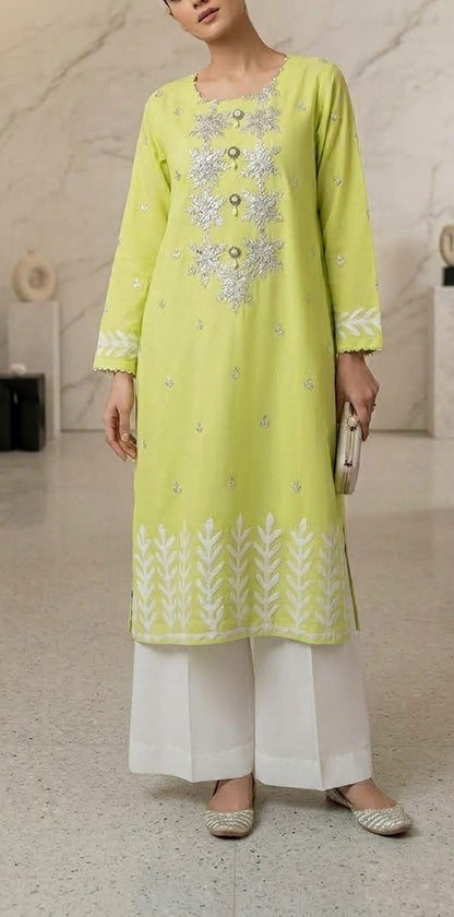 Bright Lime Green Lawn Kurti Set with Silver Gota Starburst Yoke & White Leaf Embroidery