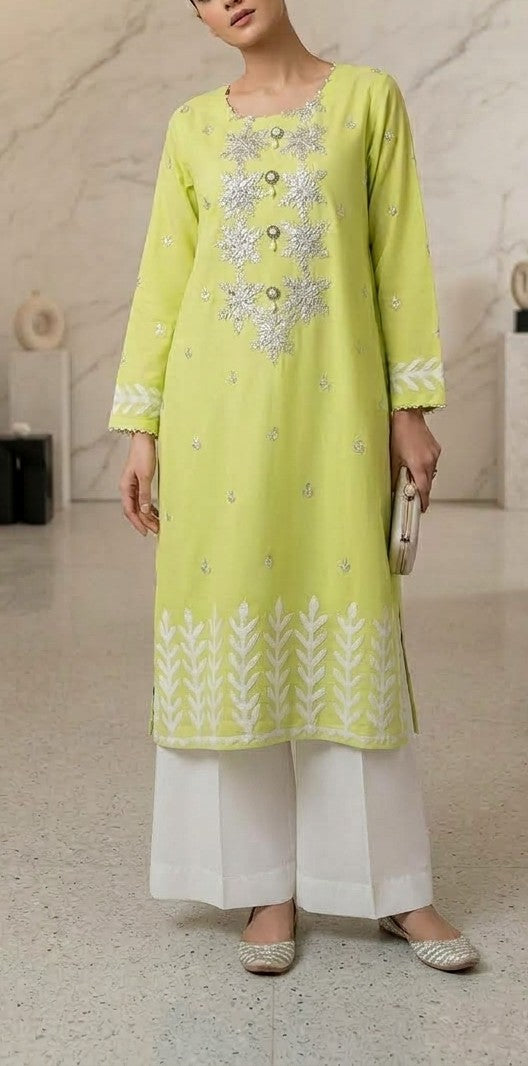 Bright Lime Green Lawn Kurti Set with Silver Gota Starburst Yoke & White Leaf Embroidery