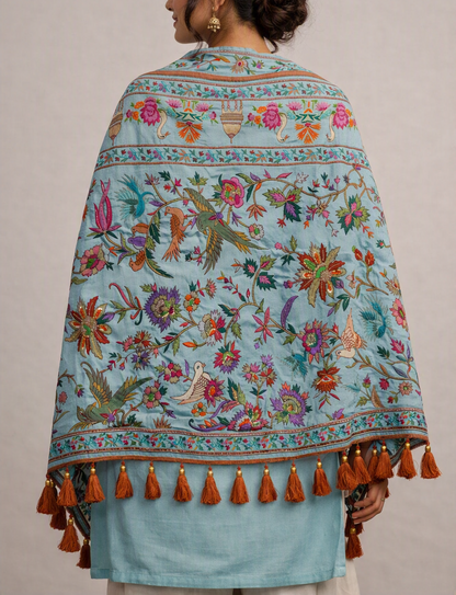Sky Blue Kashmiri Shawl – Multi-Color Floral Tapestry & Beaded Tassel Fringe