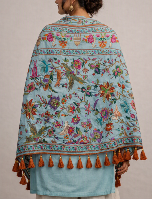 Sky Blue Kashmiri Shawl – Multi-Color Floral Tapestry & Beaded Tassel Fringe