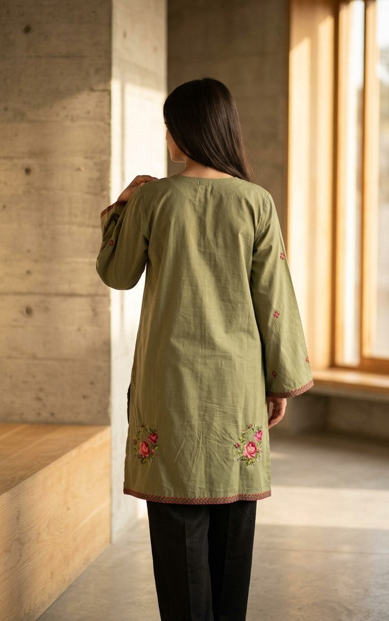 Olive Green Lawn Cotton Kurti with Pink Cross-Stitch Floral Rose Embroidery