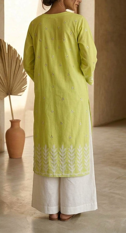 Bright Lime Green Lawn Kurti Set with Silver Gota Starburst Yoke & White Leaf Embroidery