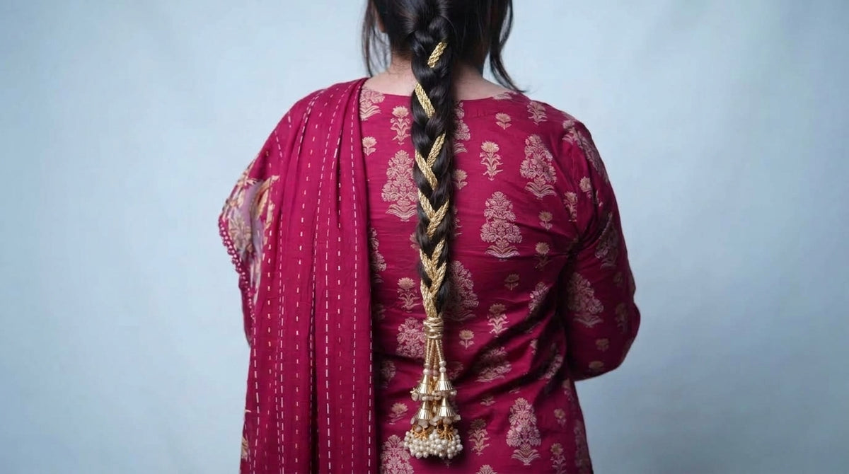 Premium Handcrafted Royal Gold Metallic Braided Paranda – Pearl Bunch Latkan Hair Accessory