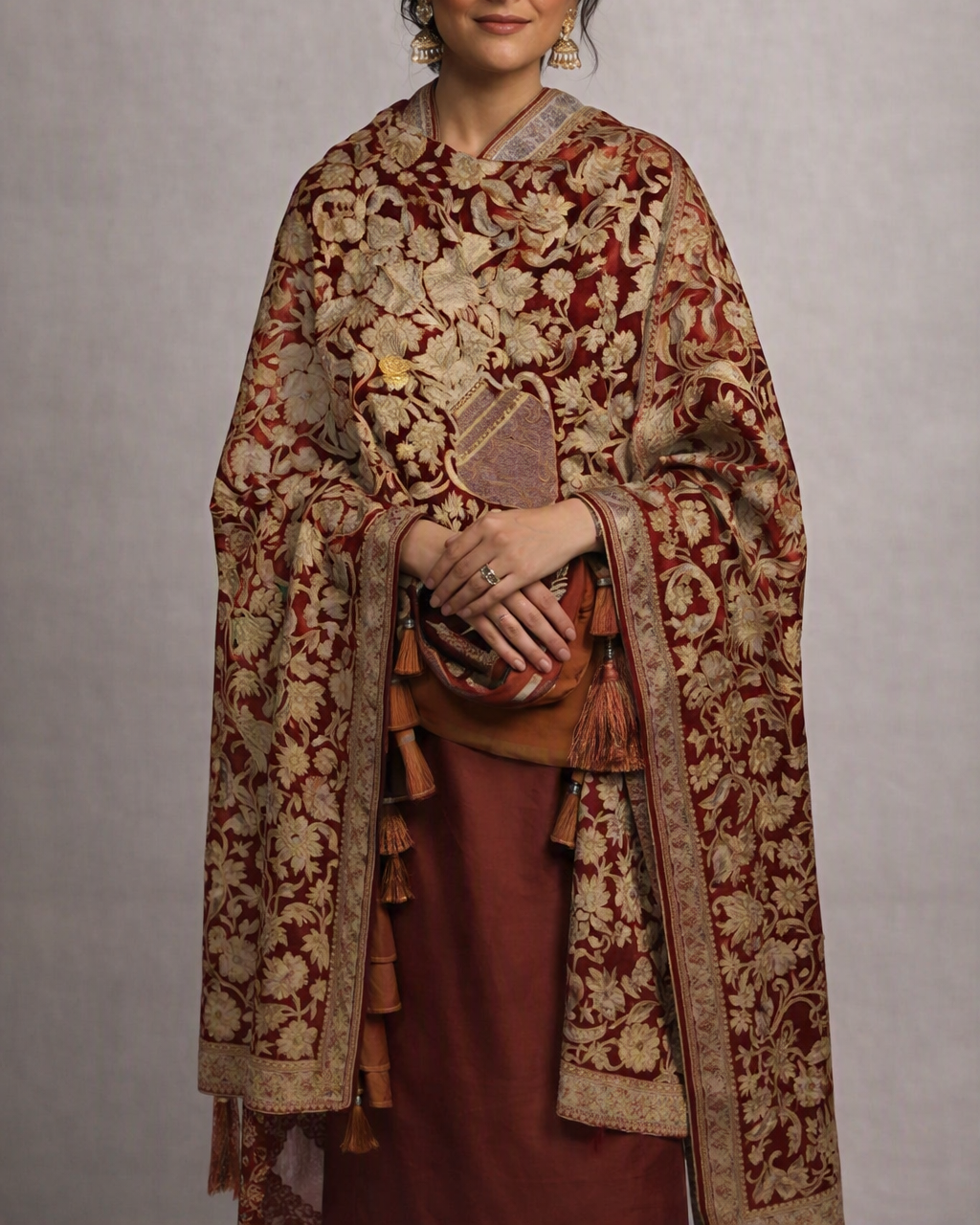 Luxury Handcrafted Deep Red Kashmiri Shawl – Dense Gold Floral & Urn Needlework Embroidery