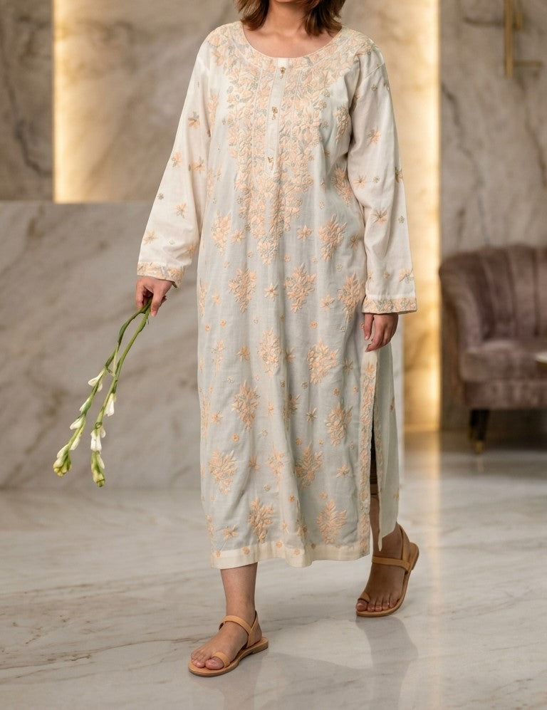 Soft Off-White Linen Cotton Long Kurti with Pastel Peach Thread Embroidery
