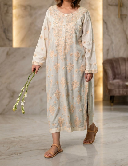 Soft Off-White Linen Cotton Long Kurti with Pastel Peach Thread Embroidery