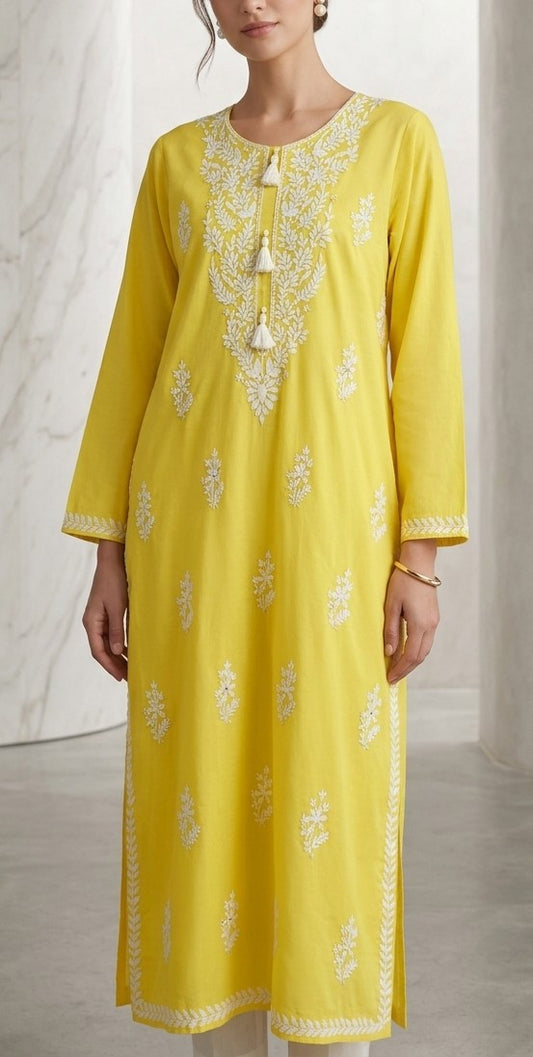Bright Sunflower Yellow Lawn Kurti with White Floral Threadwork & Pearl Tassels