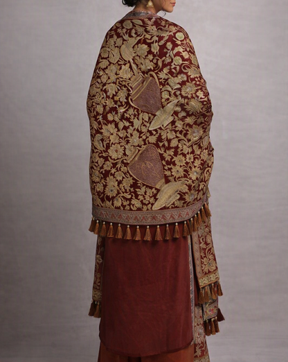Luxury Handcrafted Deep Red Kashmiri Shawl – Dense Gold Floral & Urn Needlework Embroidery