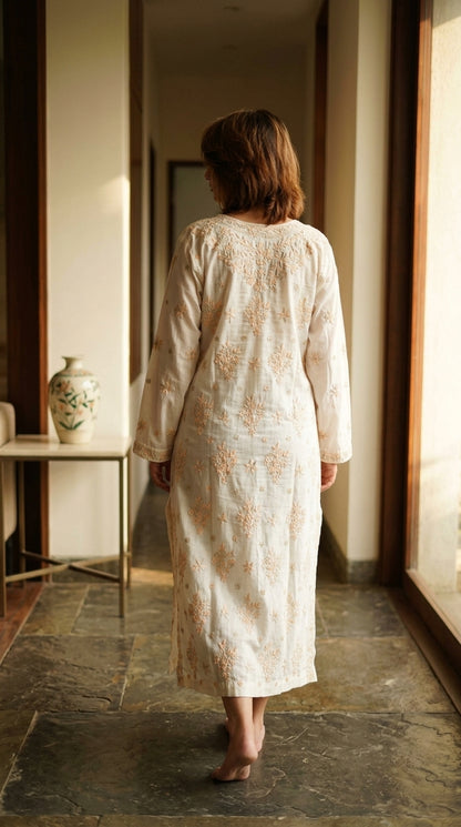 Soft Off-White Linen Cotton Long Kurti with Pastel Peach Thread Embroidery